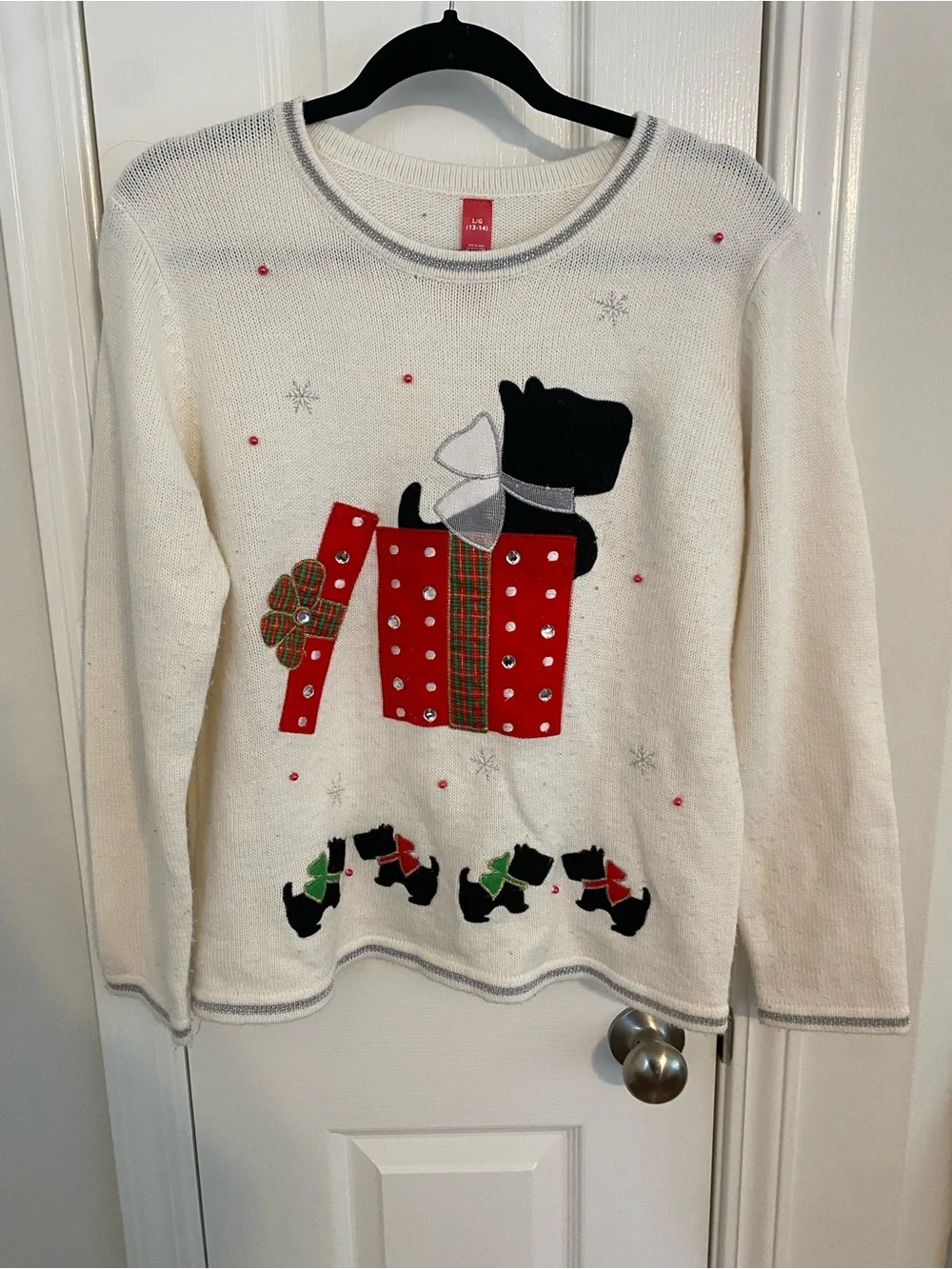 Holiday Time Cream Sweater with Red Plaid Gift & Black Scottie Dogs